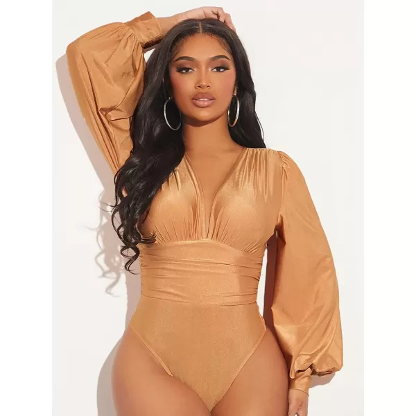 WDIRARA Women's Deep V Neck Long Sleeve Solid Wrap Surplice Bodysuit