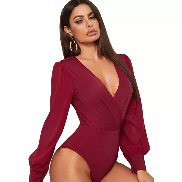 WDIRARA Women's Deep V Neck Long Sleeve Solid Wrap Surplice Bodysuit