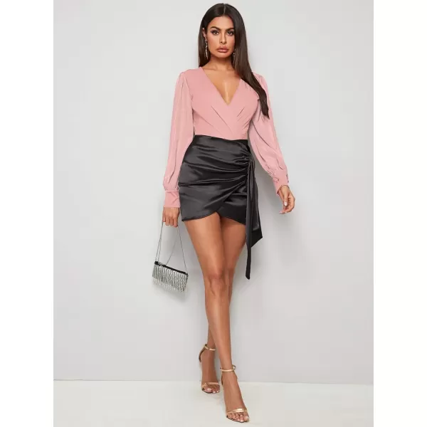 WDIRARA Women's Deep V Neck Long Sleeve Solid Wrap Surplice Bodysuit