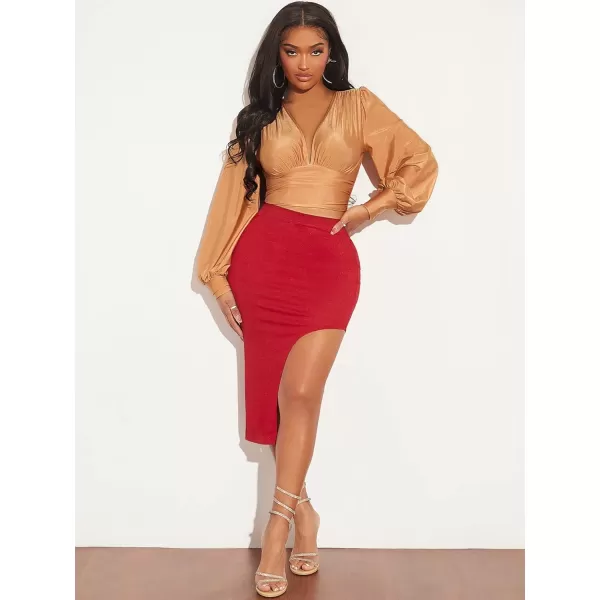 WDIRARA Women's Deep V Neck Long Sleeve Solid Wrap Surplice Bodysuit