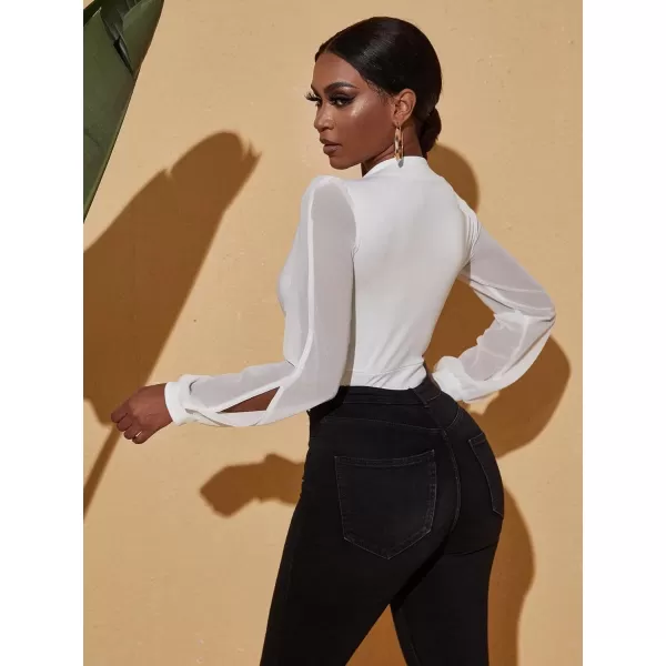 WDIRARA Women's Deep V Neck Long Sleeve Solid Wrap Surplice Bodysuit
