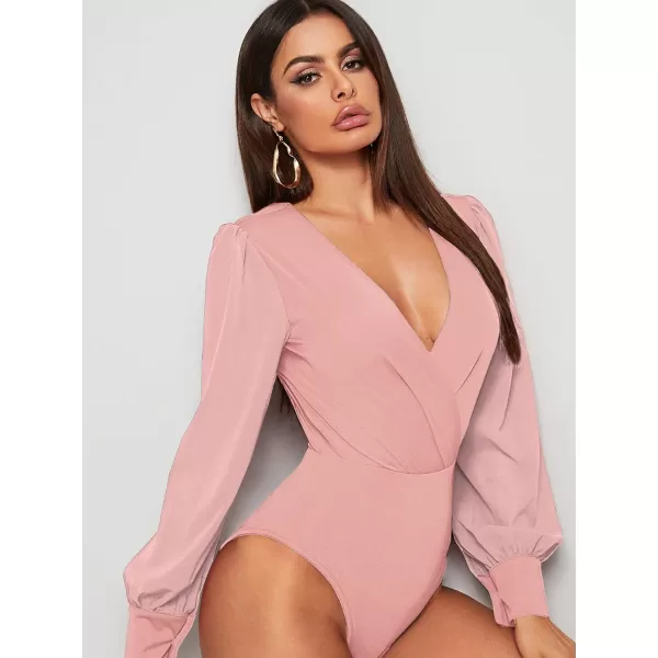 WDIRARA Women's Deep V Neck Long Sleeve Solid Wrap Surplice Bodysuit