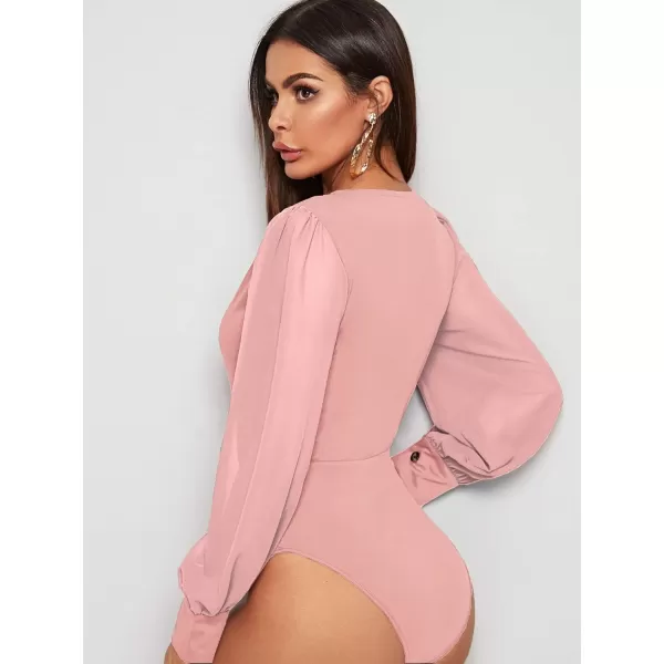 WDIRARA Women's Deep V Neck Long Sleeve Solid Wrap Surplice Bodysuit