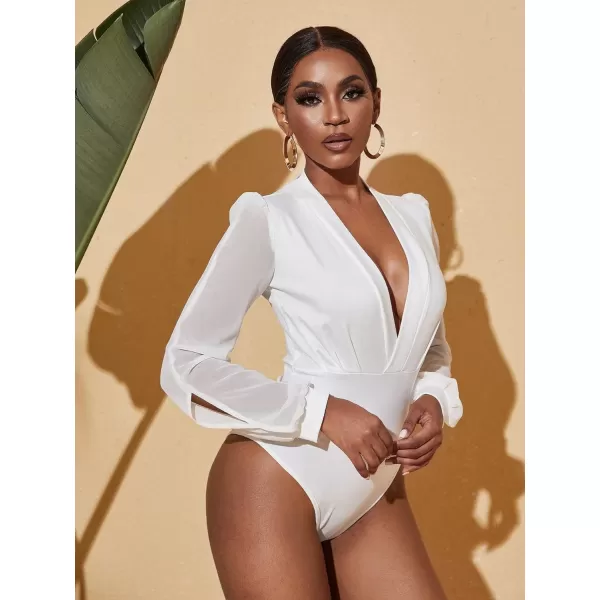 WDIRARA Women's Deep V Neck Long Sleeve Solid Wrap Surplice Bodysuit
