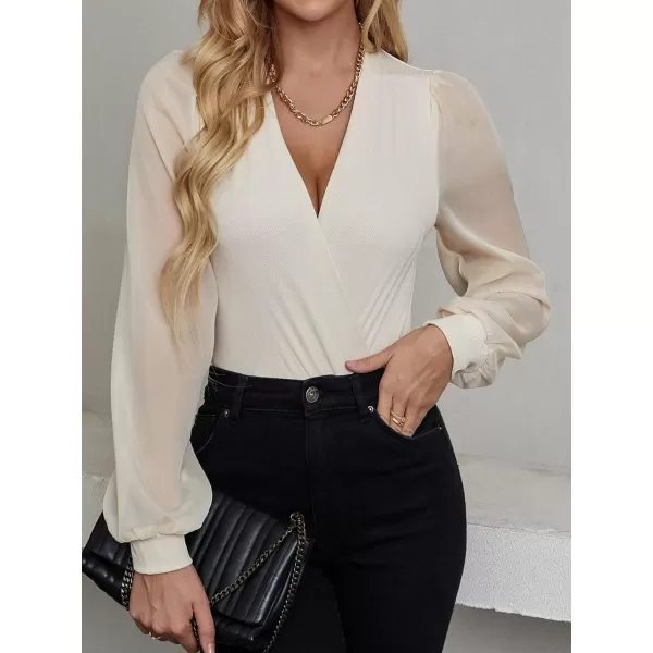 WDIRARA Women's Deep V Neck Long Sleeve Solid Wrap Surplice Bodysuit