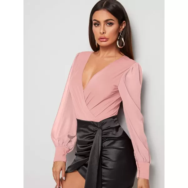 WDIRARA Women's Deep V Neck Long Sleeve Solid Wrap Surplice Bodysuit