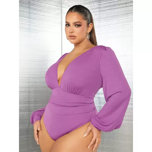 WDIRARA Women's Deep V Neck Long Sleeve Solid Wrap Surplice Bodysuit