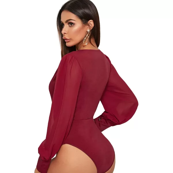 WDIRARA Women's Deep V Neck Long Sleeve Solid Wrap Surplice Bodysuit