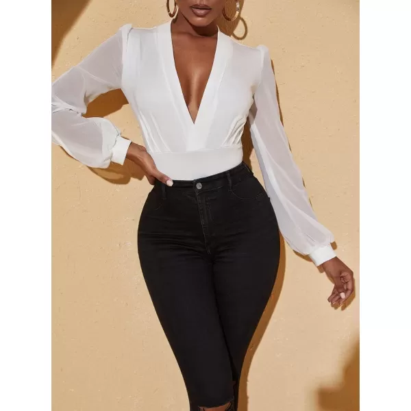 WDIRARA Women's Deep V Neck Long Sleeve Solid Wrap Surplice Bodysuit