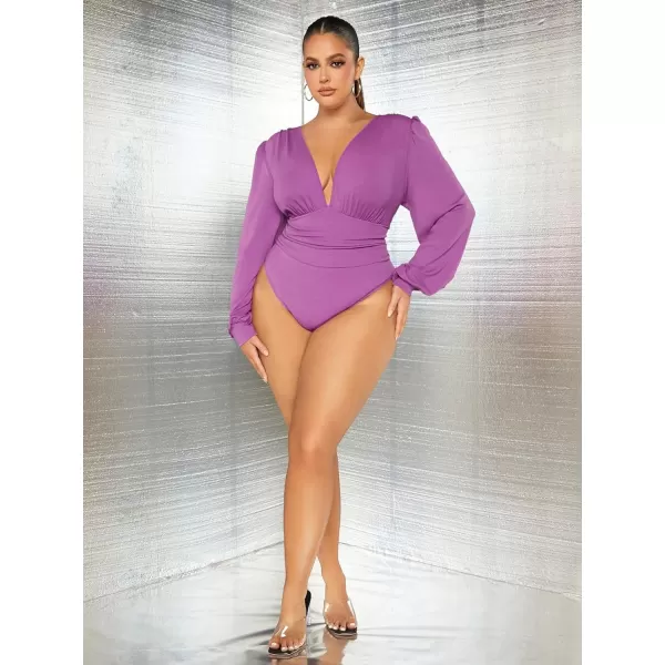 WDIRARA Women's Deep V Neck Long Sleeve Solid Wrap Surplice Bodysuit