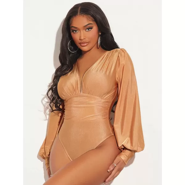 WDIRARA Women's Deep V Neck Long Sleeve Solid Wrap Surplice Bodysuit