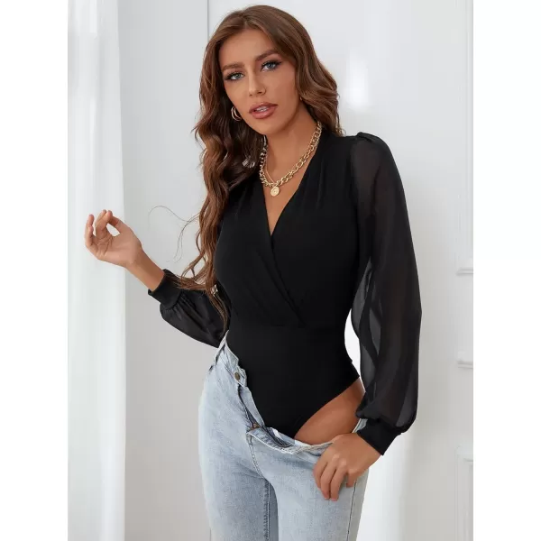 WDIRARA Women's Deep V Neck Long Sleeve Solid Wrap Surplice Bodysuit