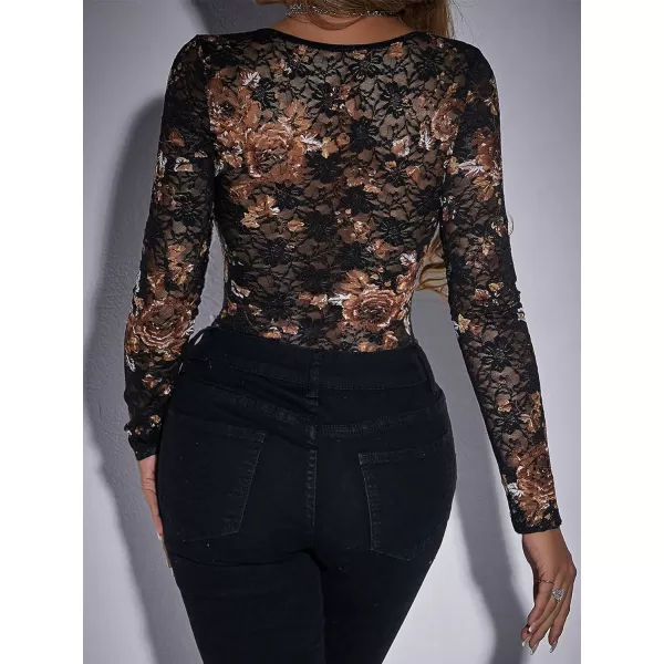 WDIRARA Women's Deep V Neck Sheer Lace Long Sleeve Scallop Trim Fitted Top Bodysuit