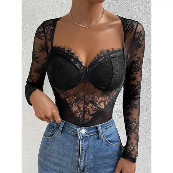 WDIRARA Women's Deep V Neck Sheer Lace Long Sleeve Scallop Trim Fitted Top Bodysuit