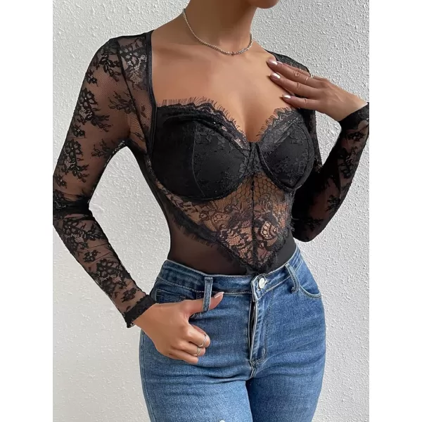 WDIRARA Women's Deep V Neck Sheer Lace Long Sleeve Scallop Trim Fitted Top Bodysuit