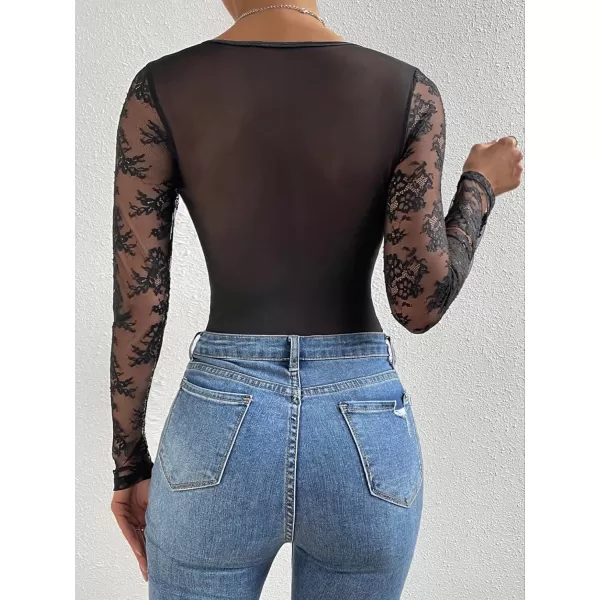 WDIRARA Women's Deep V Neck Sheer Lace Long Sleeve Scallop Trim Fitted Top Bodysuit