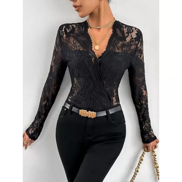 WDIRARA Women's Deep V Neck Sheer Lace Long Sleeve Scallop Trim Fitted Top Bodysuit