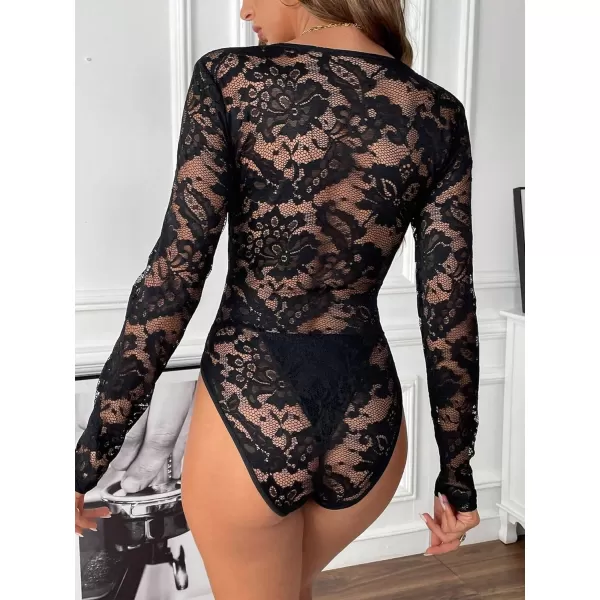 WDIRARA Women's Deep V Neck Sheer Lace Long Sleeve Scallop Trim Fitted Top Bodysuit