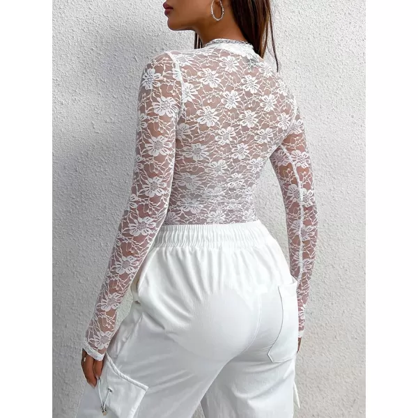 WDIRARA Women's Deep V Neck Sheer Lace Long Sleeve Scallop Trim Fitted Top Bodysuit