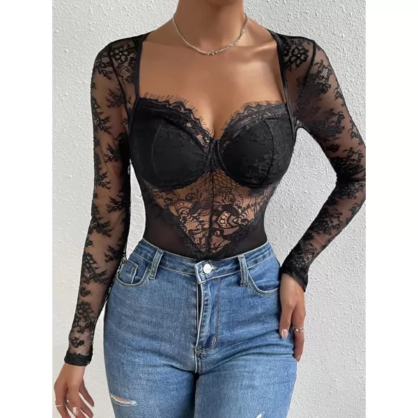 WDIRARA Women's Deep V Neck Sheer Lace Long Sleeve Scallop Trim Fitted Top Bodysuit
