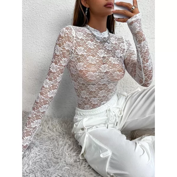 WDIRARA Women's Deep V Neck Sheer Lace Long Sleeve Scallop Trim Fitted Top Bodysuit