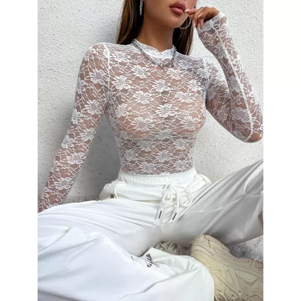 WDIRARA Women's Deep V Neck Sheer Lace Long Sleeve Scallop Trim Fitted Top Bodysuit