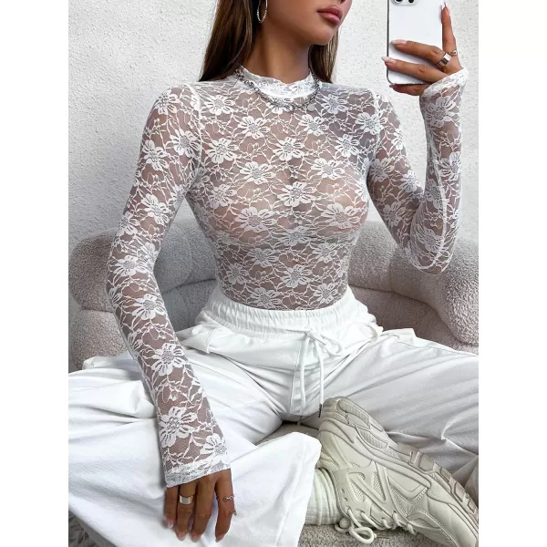 WDIRARA Women's Deep V Neck Sheer Lace Long Sleeve Scallop Trim Fitted Top Bodysuit