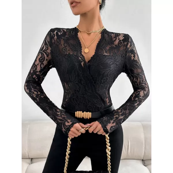 WDIRARA Women's Deep V Neck Sheer Lace Long Sleeve Scallop Trim Fitted Top Bodysuit