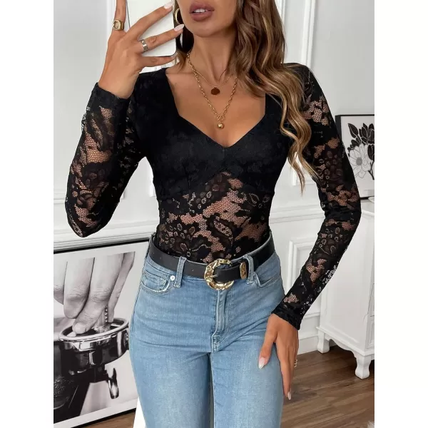 WDIRARA Women's Deep V Neck Sheer Lace Long Sleeve Scallop Trim Fitted Top Bodysuit
