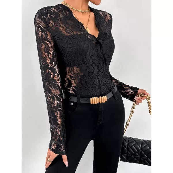 WDIRARA Women's Deep V Neck Sheer Lace Long Sleeve Scallop Trim Fitted Top Bodysuit
