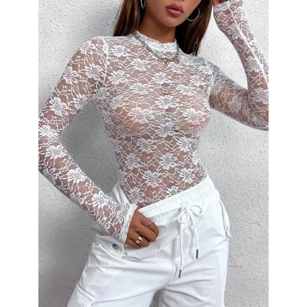 WDIRARA Women's Deep V Neck Sheer Lace Long Sleeve Scallop Trim Fitted Top Bodysuit