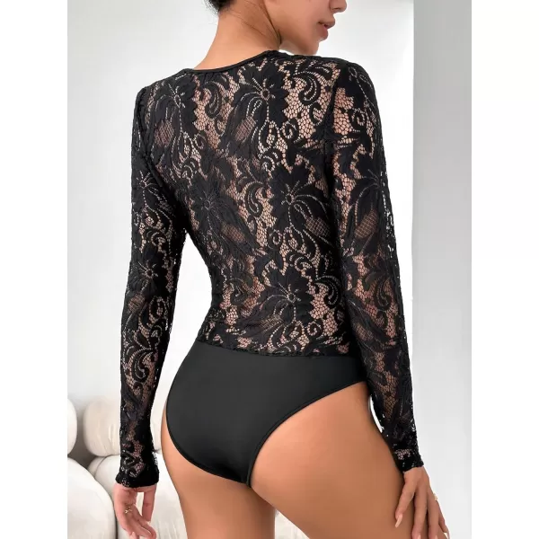 WDIRARA Women's Deep V Neck Sheer Lace Long Sleeve Scallop Trim Fitted Top Bodysuit
