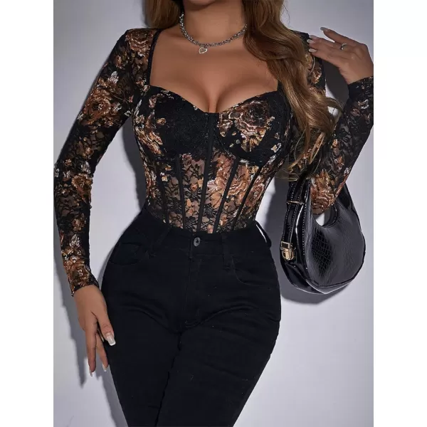 WDIRARA Women's Deep V Neck Sheer Lace Long Sleeve Scallop Trim Fitted Top Bodysuit