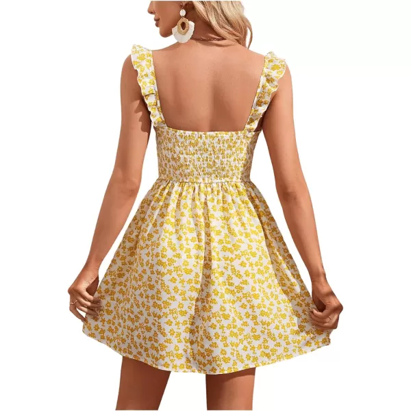 WDIRARA Women's Ditsy Floral Print Tie Shoulder Sleeveless Ruched Bust Drawstring Flared Hem Cami Mini Dress