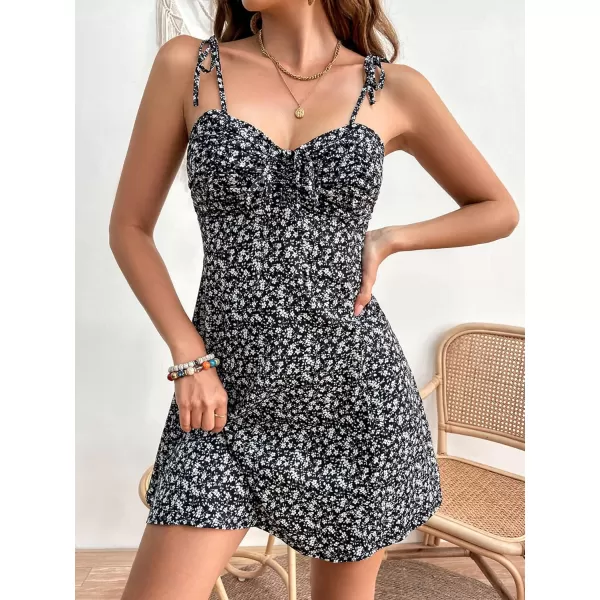 WDIRARA Women's Ditsy Floral Print Tie Shoulder Sleeveless Ruched Bust Drawstring Flared Hem Cami Mini Dress