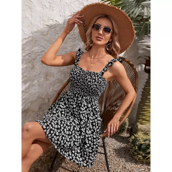 WDIRARA Women's Ditsy Floral Print Tie Shoulder Sleeveless Ruched Bust Drawstring Flared Hem Cami Mini Dress