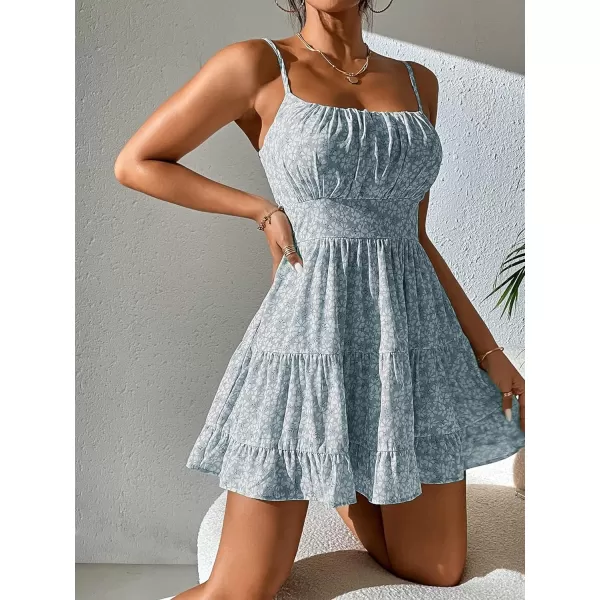 WDIRARA Women's Ditsy Floral Print Tie Shoulder Sleeveless Ruched Bust Drawstring Flared Hem Cami Mini Dress