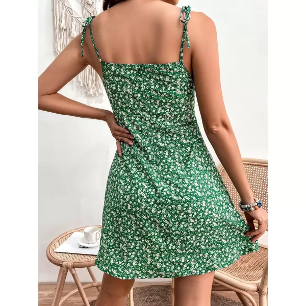 WDIRARA Women's Ditsy Floral Print Tie Shoulder Sleeveless Ruched Bust Drawstring Flared Hem Cami Mini Dress