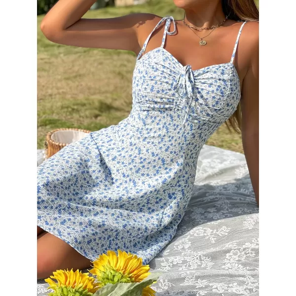 WDIRARA Women's Ditsy Floral Print Tie Shoulder Sleeveless Ruched Bust Drawstring Flared Hem Cami Mini Dress