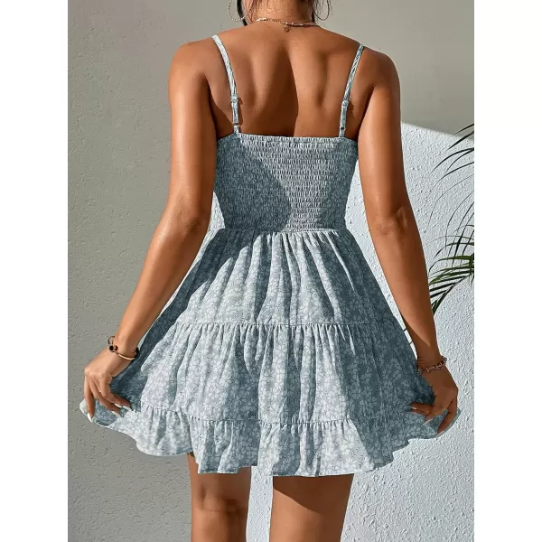 WDIRARA Women's Ditsy Floral Print Tie Shoulder Sleeveless Ruched Bust Drawstring Flared Hem Cami Mini Dress