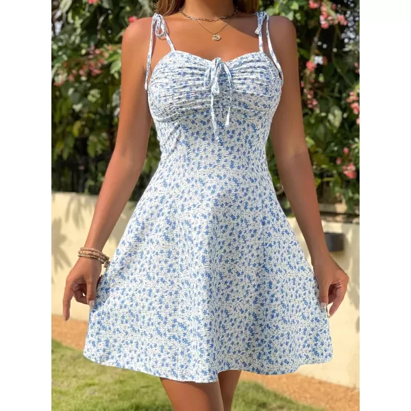 WDIRARA Women's Ditsy Floral Print Tie Shoulder Sleeveless Ruched Bust Drawstring Flared Hem Cami Mini Dress