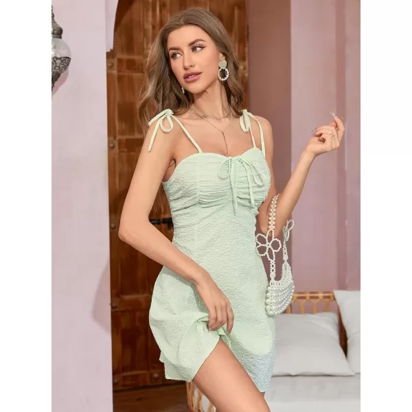 WDIRARA Women's Ditsy Floral Print Tie Shoulder Sleeveless Ruched Bust Drawstring Flared Hem Cami Mini Dress