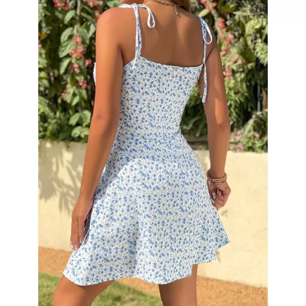 WDIRARA Women's Ditsy Floral Print Tie Shoulder Sleeveless Ruched Bust Drawstring Flared Hem Cami Mini Dress
