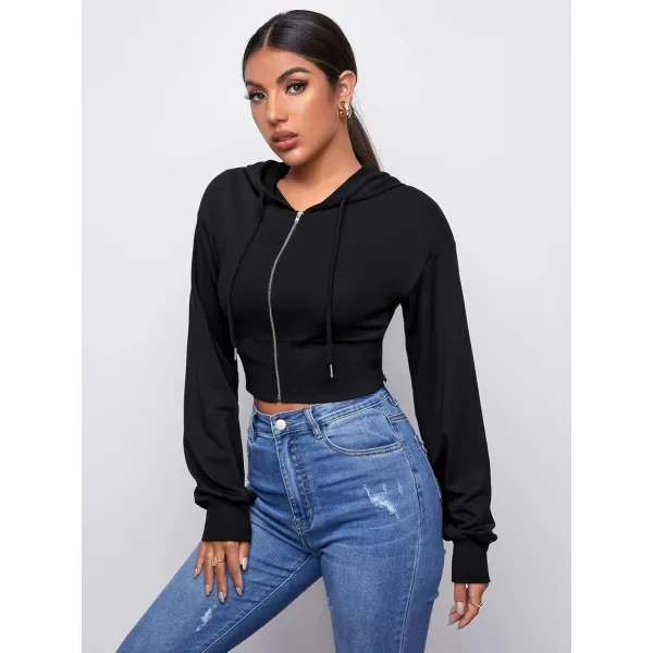 WDIRARA Women's Drop Shoulder Zip Up Drawstring Hoodie