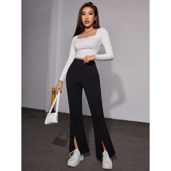 WDIRARA Women's Elastic High Waist Split Hem Flare Leg Elegant Long Pants