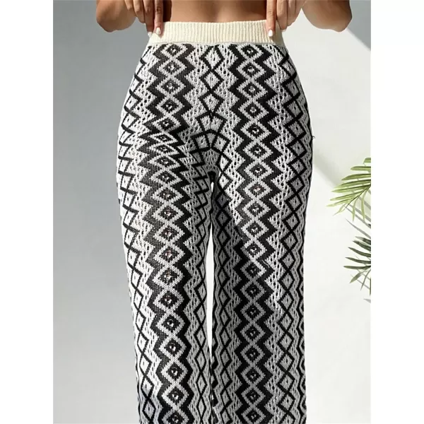 WDIRARA Women's Elastic Waist Boho Print Beach Cover Up Pants Crochet Knitted Swimwear