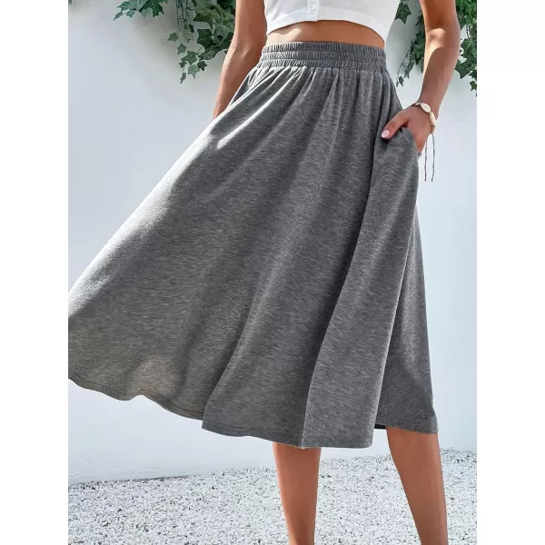WDIRARA Women's Elastic Waist Skater Flared Hem A Line Midi Skirt with Pockets