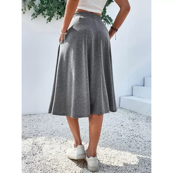 WDIRARA Women's Elastic Waist Skater Flared Hem A Line Midi Skirt with Pockets
