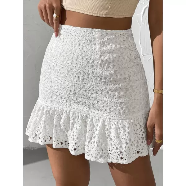 WDIRARA Women's Elegant Lace Mini Skirt High Waisted Ruffle Hem Bodycon Skirts