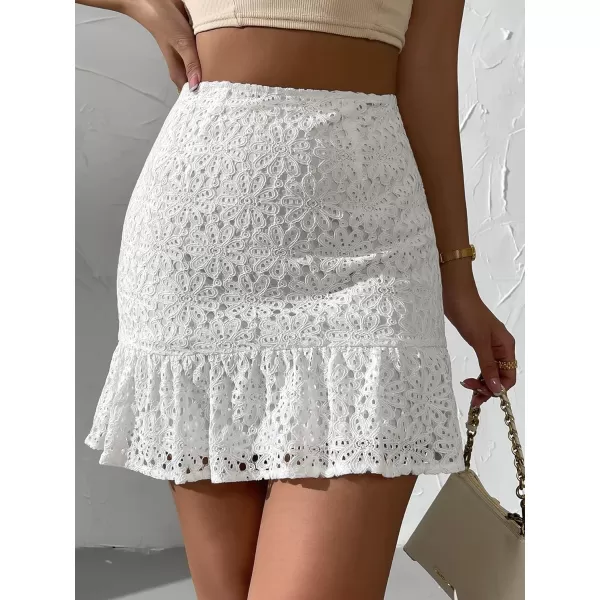 WDIRARA Women's Elegant Lace Mini Skirt High Waisted Ruffle Hem Bodycon Skirts